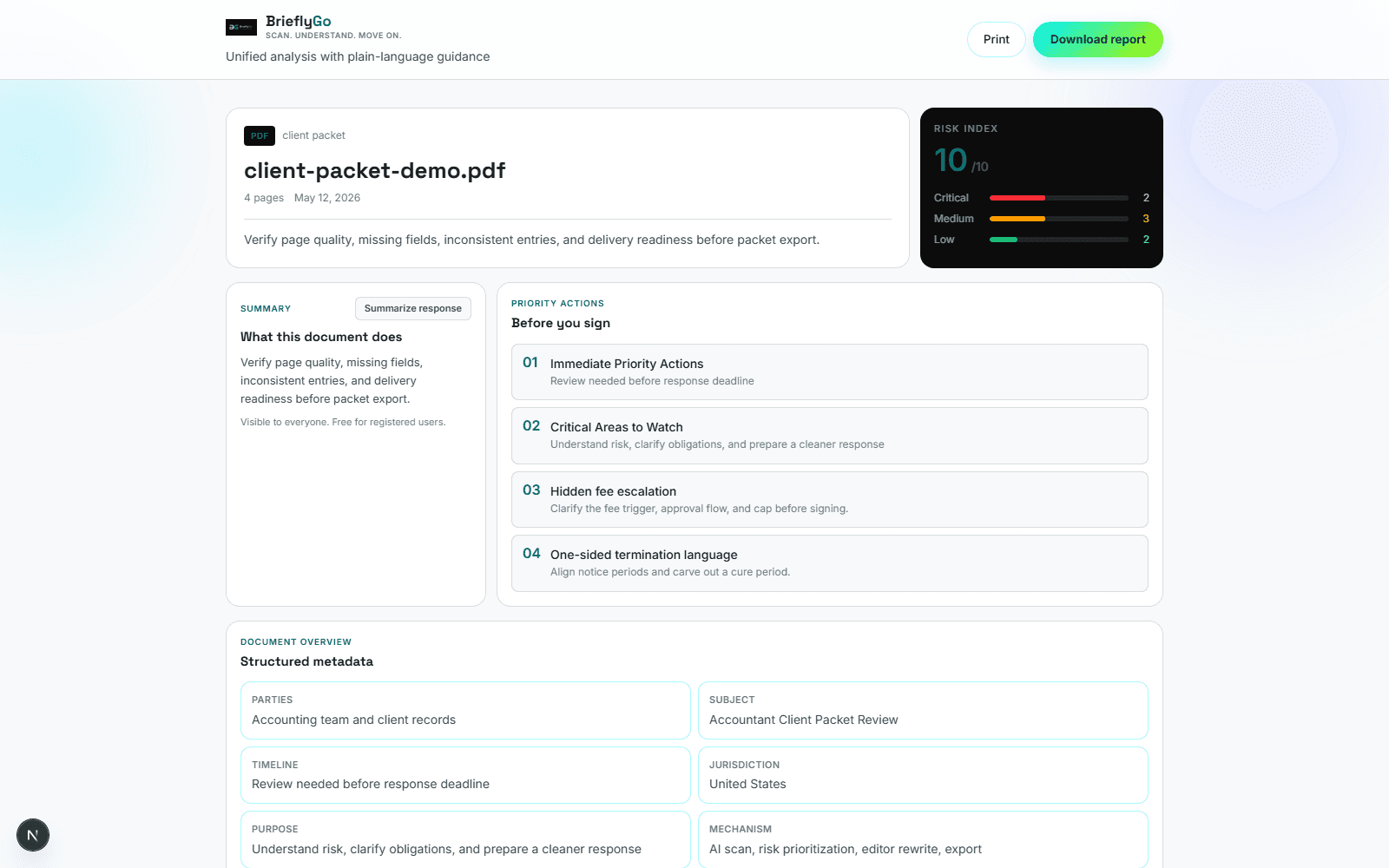 BrieflyGo packet review screenshot for an accountant client packet flow