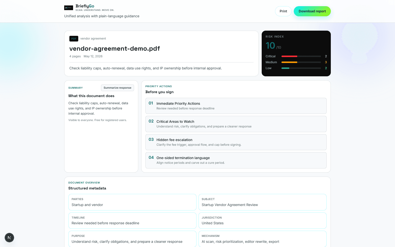 BrieflyGo risk report screenshot for a startup founder vendor agreement review