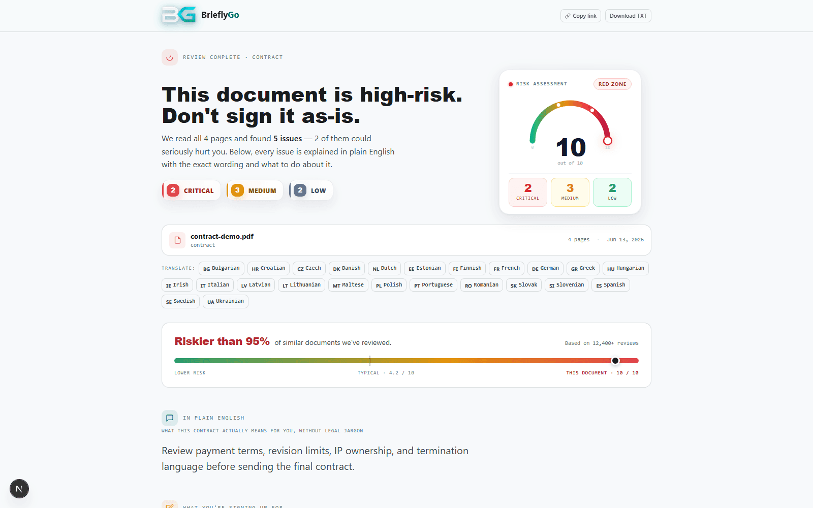 BrieflyGo risk report screenshot for a freelancer contract review