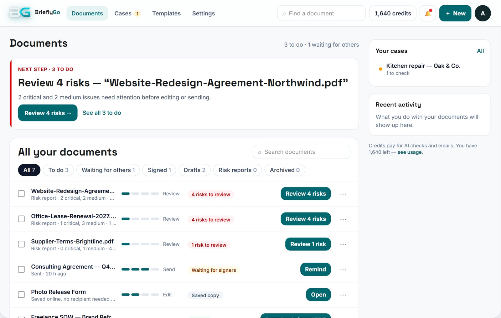 BrieflyGo dashboard with a sample account: next step, all documents with their stage, and a Your cases panel showing an open My Case case