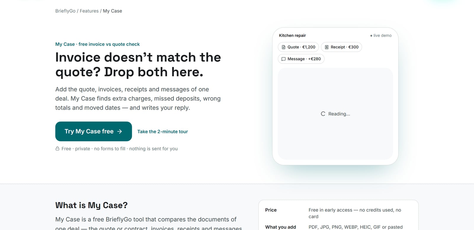 My Case landing page: Invoice doesn’t match the quote? Drop both here, with a Try My Case free button