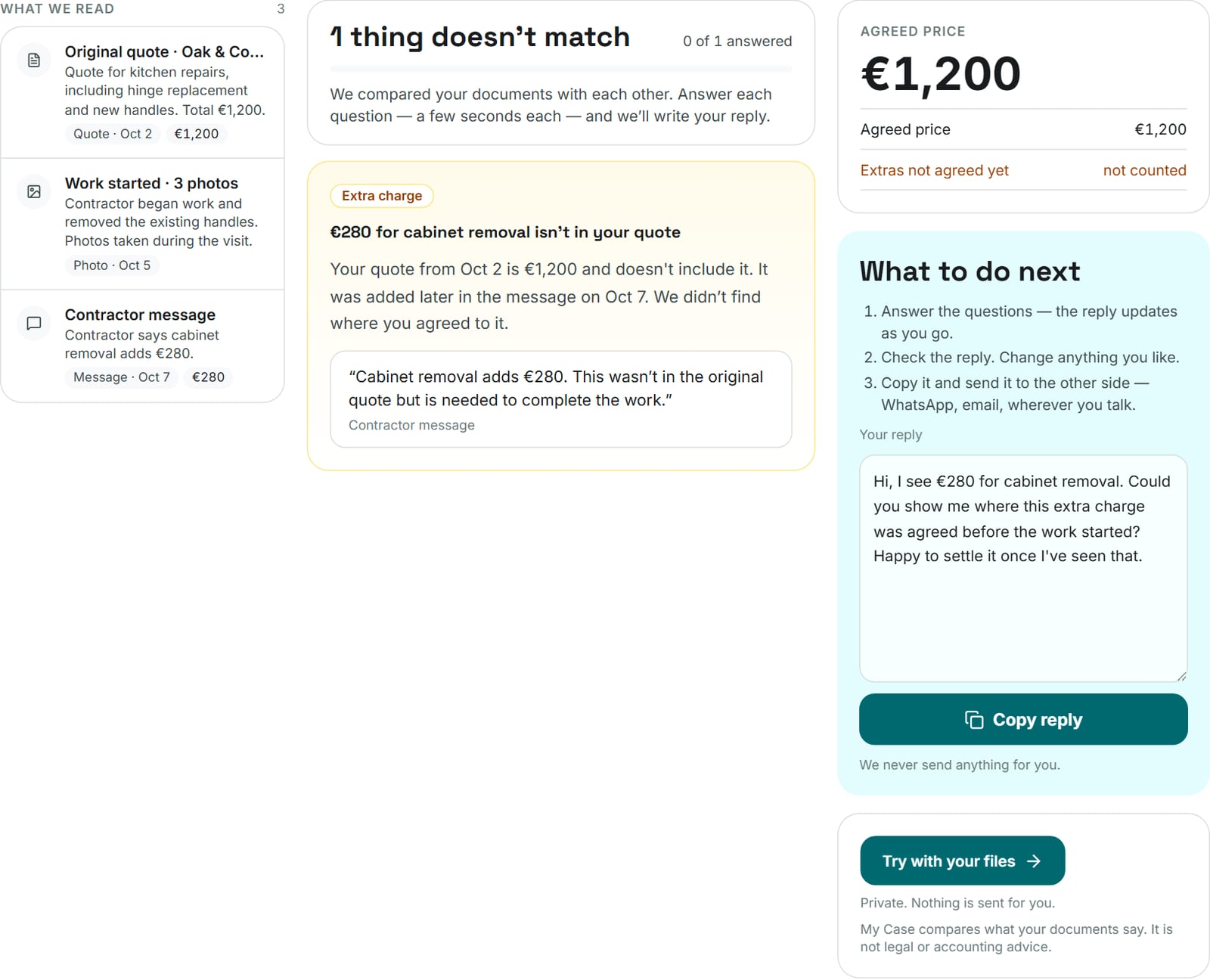 My Case result screen: what was read from three documents, one extra charge of 280 that is not in the quote, the agreed price, and a ready reply with a Copy reply button
