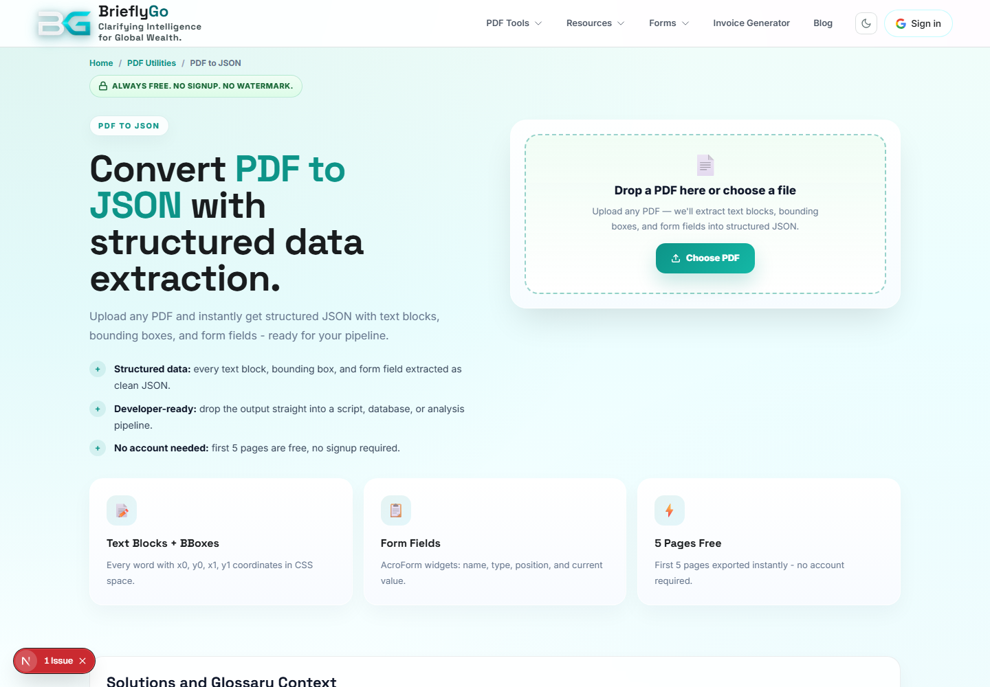 PDF to JSON screenshot